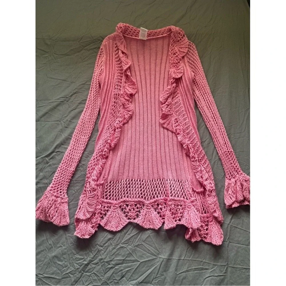 No Boundaries Pink Crochet Ruffle Open Front Cardigan Sweater Boho Y2K Size M